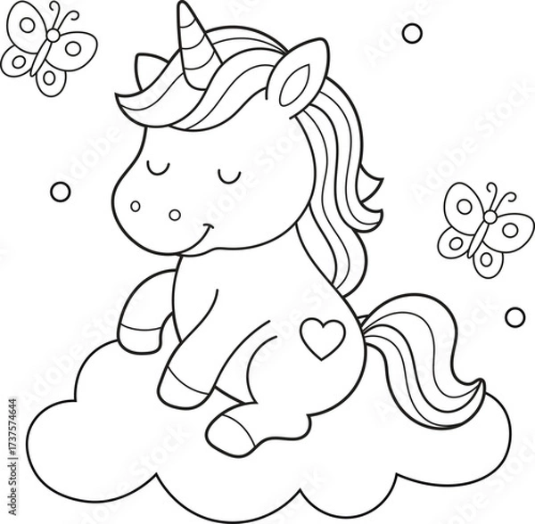 Fototapeta Cute Cartoon Unicorn Coloring Page for Kids with Butterflies, Cloud, and Sparkles.  Fun Fantasy Scene for Children to Color and Dream