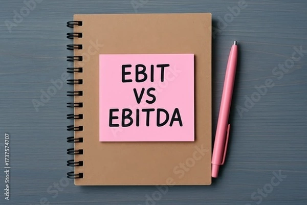 Fototapeta Business notebook with a pink sticky note visually comparing EBIT versus EBITDA, crucial financial metrics for company profit analysis, accompanied by a pen