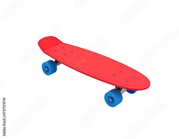 Obraz A bright red skateboard on a black background, angled. Blue wheels and bolts