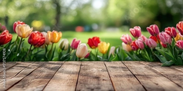 Fototapeta wooden empty table and tulips in the background.