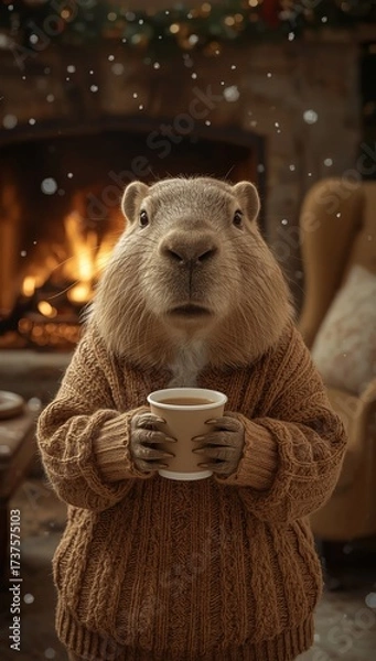 Fototapeta 
A soft brown fur capybara, wearing a warm, loose cream sweater and holding a paper cup of steaming coffee in its paws, against the backdrop of a crackling fireplace, surrounded by the cozy atmosphere