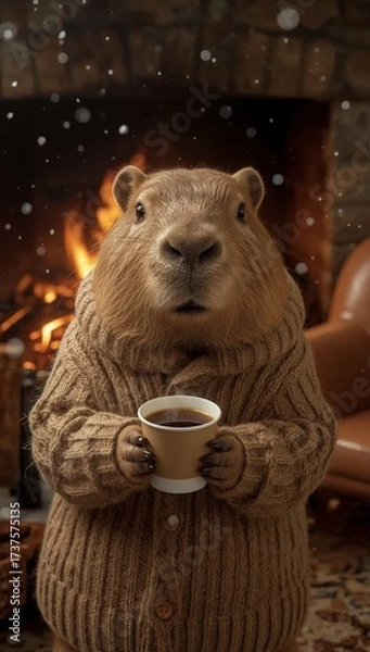 Fototapeta 
A soft brown fur capybara, wearing a warm, loose cream sweater and holding a paper cup of steaming coffee in its paws, against the backdrop of a crackling fireplace, surrounded by the cozy atmosphere