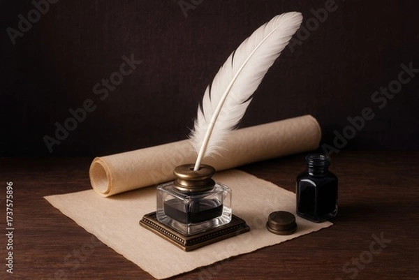 Fototapeta Elegant antique writing ensemble, featuring a white feather quill and dark inkwell, ready to compose classic stories and documents