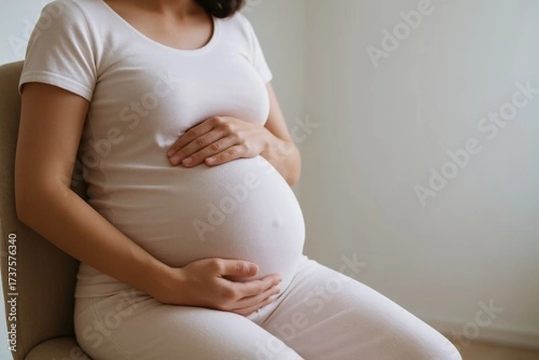 Fototapeta Expectant mother gently cradles her baby bump, emanating serene maternal love and tranquil anticipation in a soft, minimalist home setting