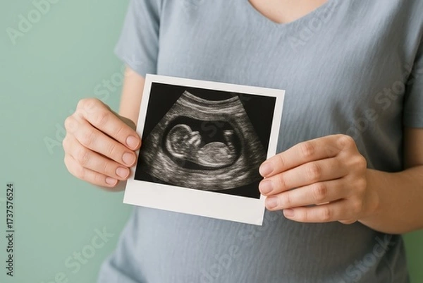 Fototapeta Expectant parent joyfully displays a precious baby ultrasound, revealing the developing fetus and signifying the exciting new life journey with hopeful anticipation