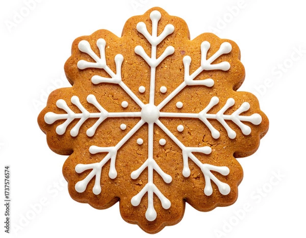 Obraz A snowflake-shaped gingerbread cookie with white icing on a solid black background
