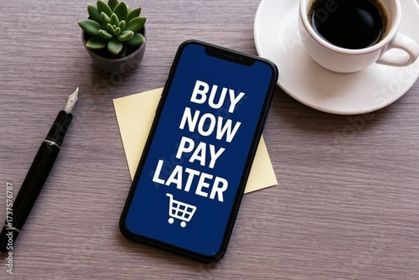 Fototapeta Flexible finance option "Buy Now Pay Later" appears on a sleek smartphone, perfectly positioned on a modern wooden desk alongside daily essentials