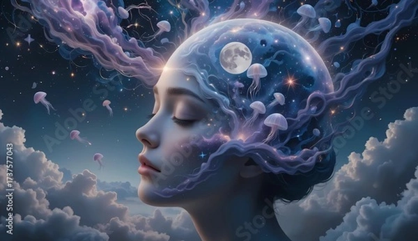 Fototapeta Cosmic Mind with Jellyfish and Stars ,A Surreal Fusion of Consciousness and Cosmos