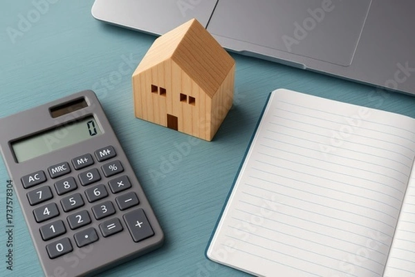 Fototapeta Homeownership dream unfolds with careful financial planning, calculator and wooden house model neatly arranged on a calming teal desk, symbolizing future investment