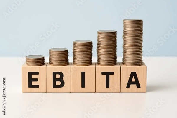 Fototapeta Minimalist representation of EBITA growth showcasing financial success with increasing coin stacks on natural wooden blocks against a bright blue background