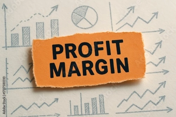 Fototapeta Profit Margin text prominently features on a vibrant orange paper, set against a background of ascending business charts symbolizing financial growth and strategic success