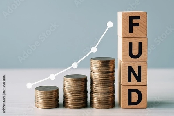 Fototapeta Rising coin stacks and an upward graph depict robust investment fund growth, symbolizing financial prosperity and strategic planning