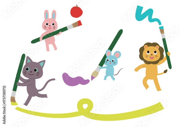 Fototapeta 絵の具で楽しそうにお絵描きをしているかわいい動物たち