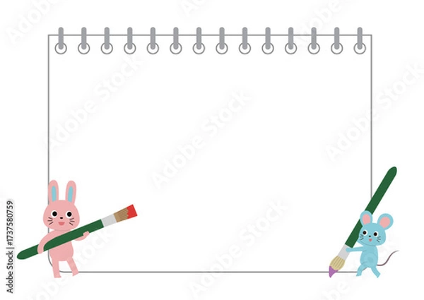 Obraz 絵筆をもったうさぎとねずみとスケッチブックのフレーム