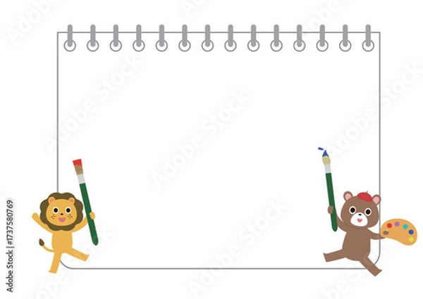 Fototapeta 絵筆をもったライオン・くまとスケッチブックのフレーム素材