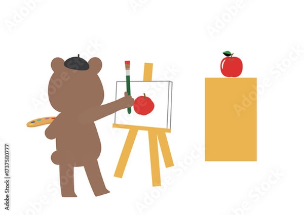 Fototapeta りんごの絵をキャンバスに描いているくまさん
