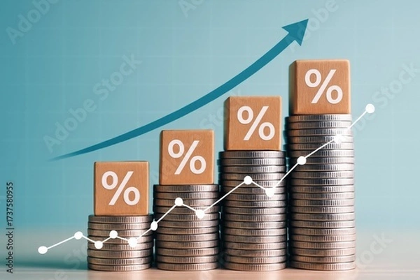 Fototapeta Strategic investment planning drives wealth creation, clearly depicted by increasing coin stacks and percentage blocks with an upward-trending financial graph on a clean blue background