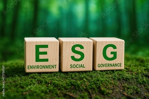 Fototapeta Sustainable wooden blocks displaying ESG principles of Environment Social Governance rest on vibrant green moss, emphasizing ethical business and corporate strategy
