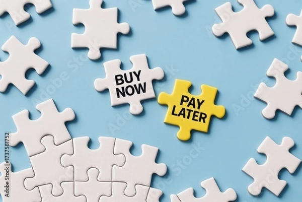 Fototapeta White and yellow puzzle pieces on a blue background illustrate the "Buy Now Pay Later" financial strategy, symbolizing modern payment choices and strategic decision-making