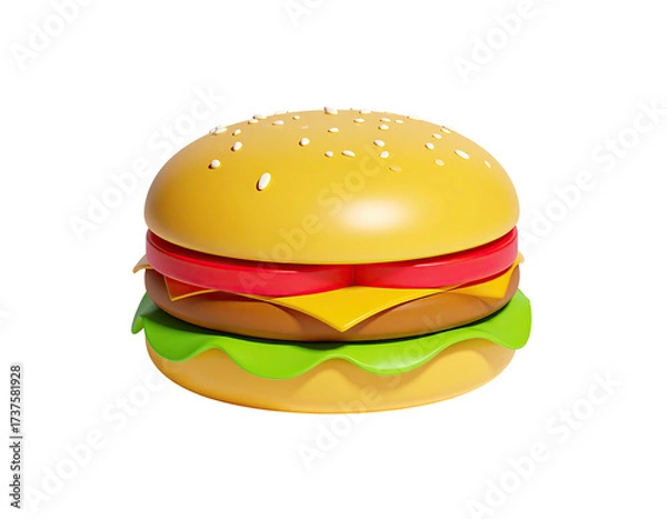 Fototapeta 3D illustration of a burger with sesame bun, tomato, cheese, lettuce, and patty