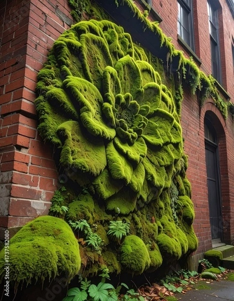 Fototapeta Moss art on brick building's facade