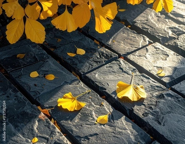Fototapeta Ginkgo leaves on stone path in sunlight