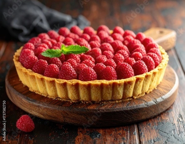 Fototapeta Raspberry tart on wood cutting board