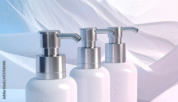 Fototapeta Close-up of antibacterial hand sanitizer dosing pump group. Antiseptic, soap, bath, beauty product, beauty spa. 3d rendering.