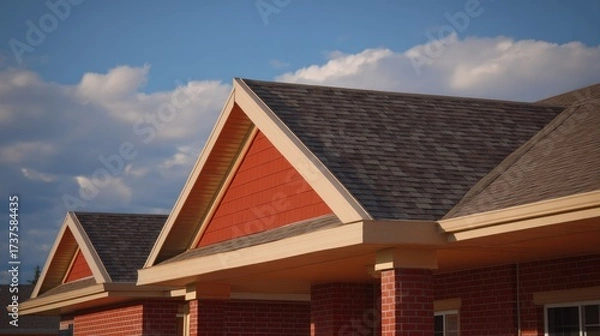 Obraz Red-sided building with a dark gray shingle roof.