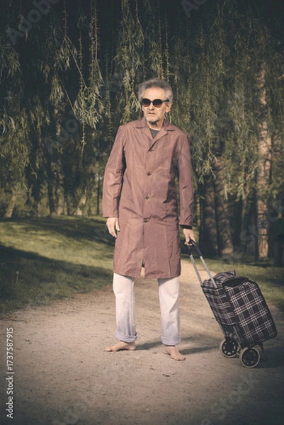 Fototapeta Senior citizen spending time alone in spring park with cart