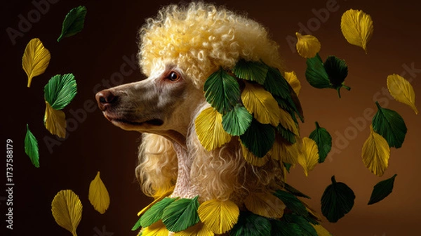 Fototapeta Poodle With Yellow Curls and Green and Yellow Leaf Adornments