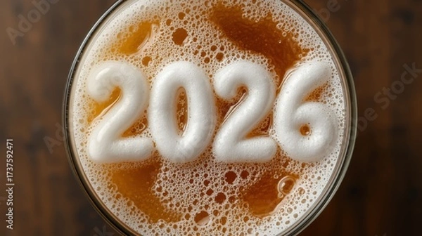 Fototapeta A glass of beer seen from above with the number 2026 made from beer foam on top, for the New Year.