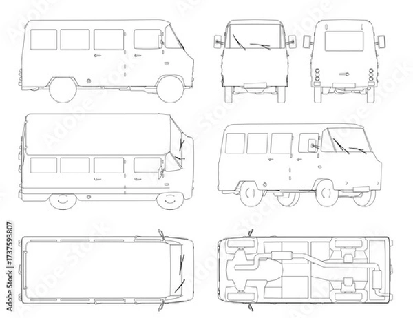 Obraz Detailed blueprint of a van set on a white background, featuring contour lines of the headlights, grille, wheels, windows, and doors.