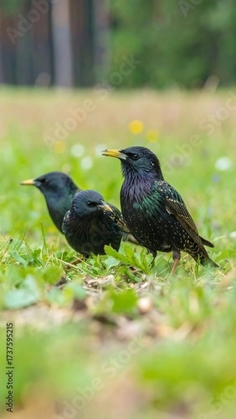 Fototapeta Three blackbirds foraging in a grassy field