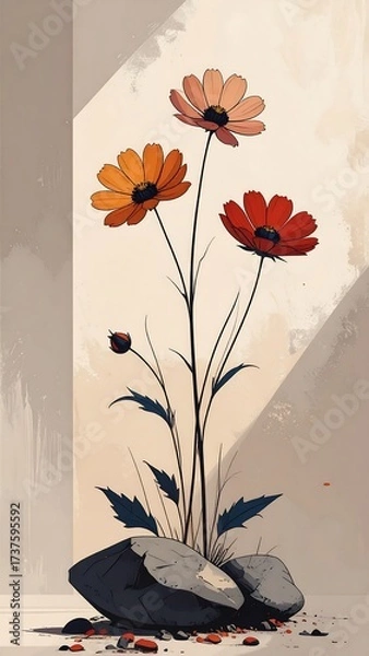 Obraz Three colorful flowers on rocks