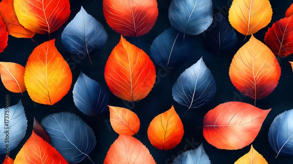 Fototapeta Vibrant autumn leaves in warm and cool tones create a striking pattern against a dark background.