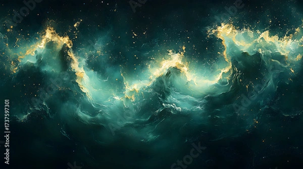 Fototapeta Mystical cosmic waves shimmer with golden energy in a dark interstellar abyss.