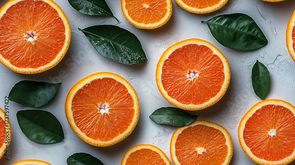 Fototapeta Freshly sliced oranges and green leaves create a vibrant pattern on a light surface.
