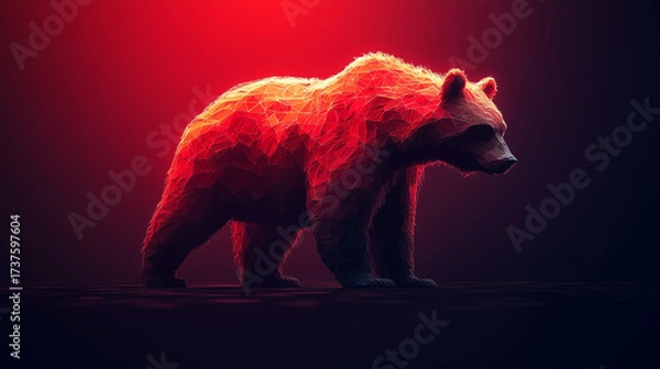 Fototapeta A geometric bear glows with fiery red polygons against a deep, dramatic background.