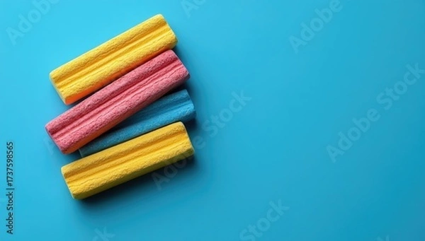 Obraz Stack of textured, colorful rectangular candy on blue background