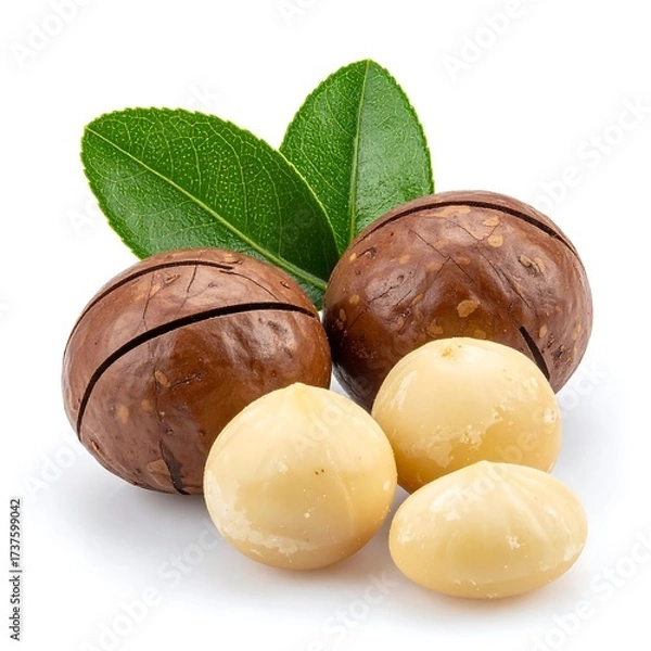 Obraz Three macadamia nuts with leaves