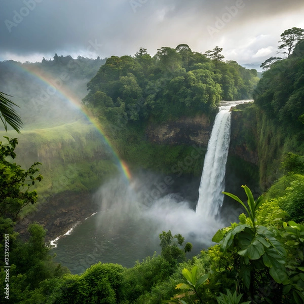 Fototapeta rainforest waterfall with mist and rainbow effect
