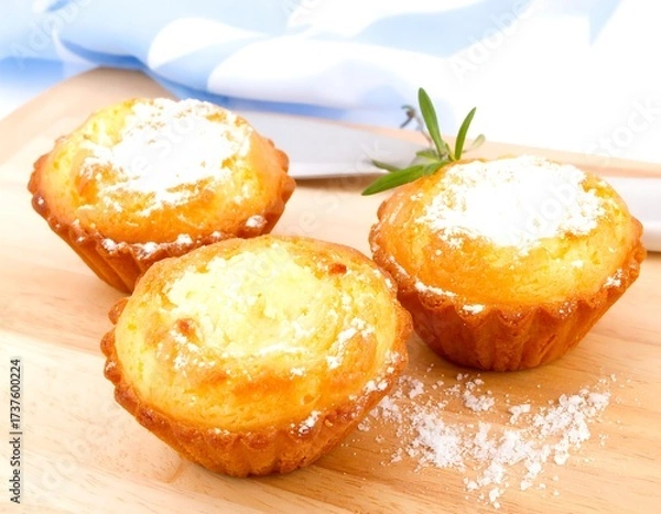 Fototapeta Three golden muffins dusted with powdered sugar