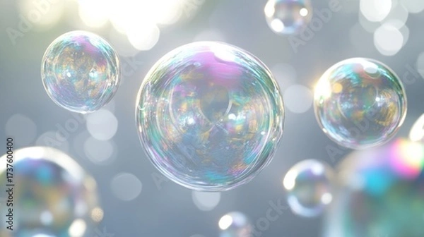 Fototapeta Many iridescent soap bubbles, sunlight reflections