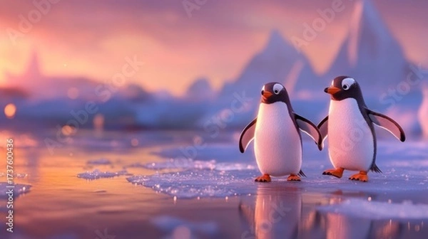 Fototapeta Two cartoon penguins walk hand-in-hand on ice at sunset.  A serene, colorful scene