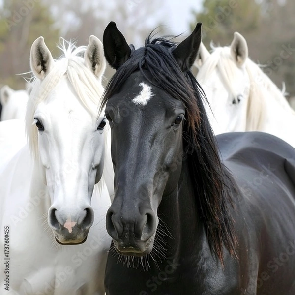 Fototapeta Three horses, two white and one black, close-up