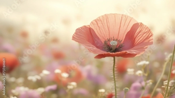 Fototapeta Soft-focus field of vibrant poppies