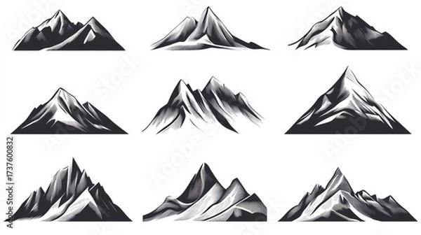 Fototapeta Set of monochrome mountain silhouettes.  Various shapes and details