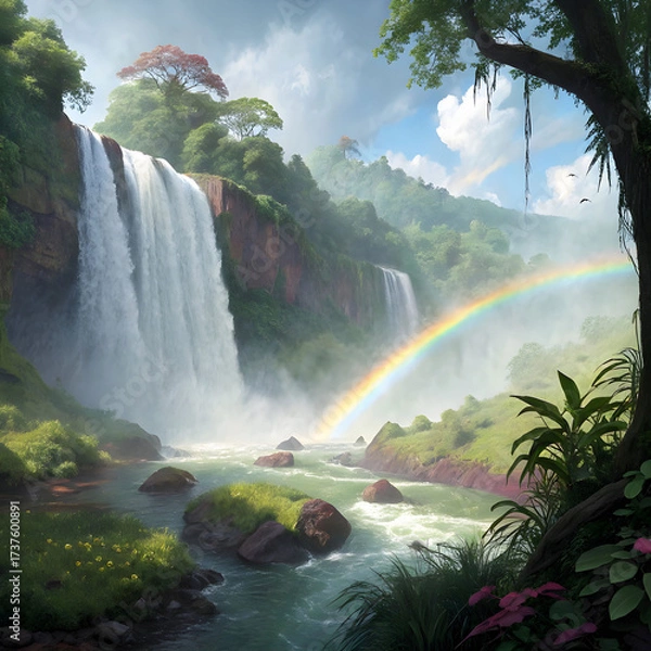 Fototapeta rainforest waterfall with mist and rainbow effect