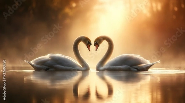 Fototapeta Two swans in a heart shape, backlit by sunrise